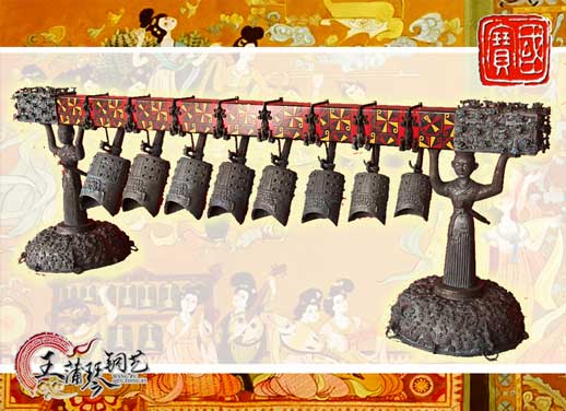 8件古編鐘，銅人銅座裝飾，可發(fā)音